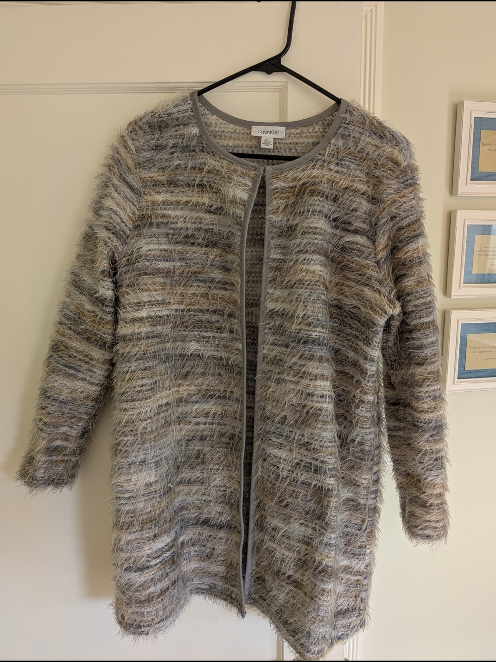 Calvin Klein Women's Fuzzy Striped Open Cardigan - Gray, Cream & Camel